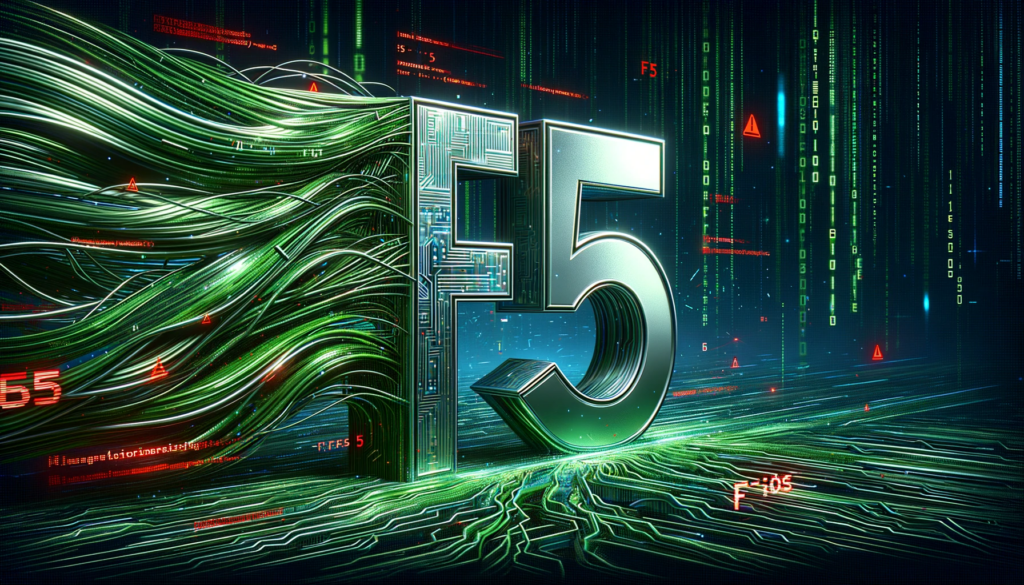 Dall·e 2023 10 27 22.02.19 Illustration Of A Cyber Background Composed Of Flowing Green Code Reminiscent Of A Matrix. Amidst This Digital Environment A Prominent Metallic F5